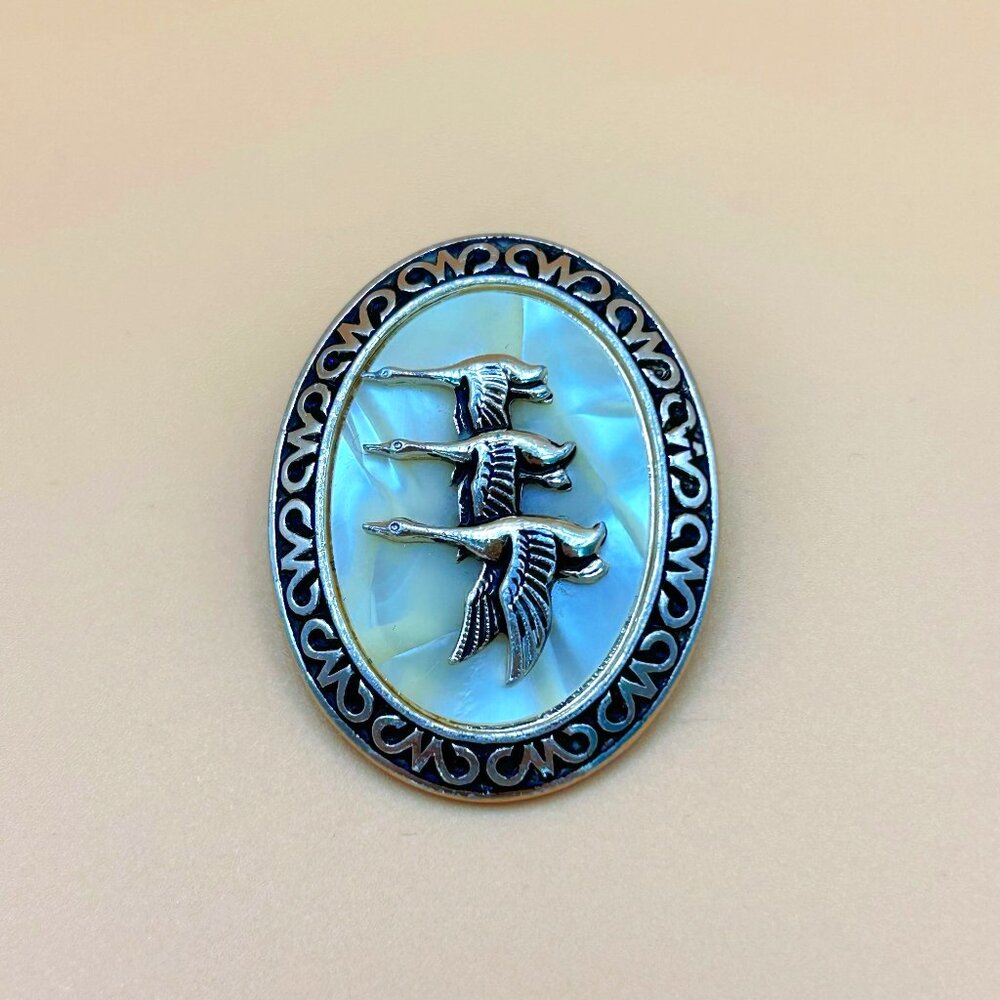 Vintage Western Germany Flying Geese Scarf Clip, Faux Mother of Pearl
